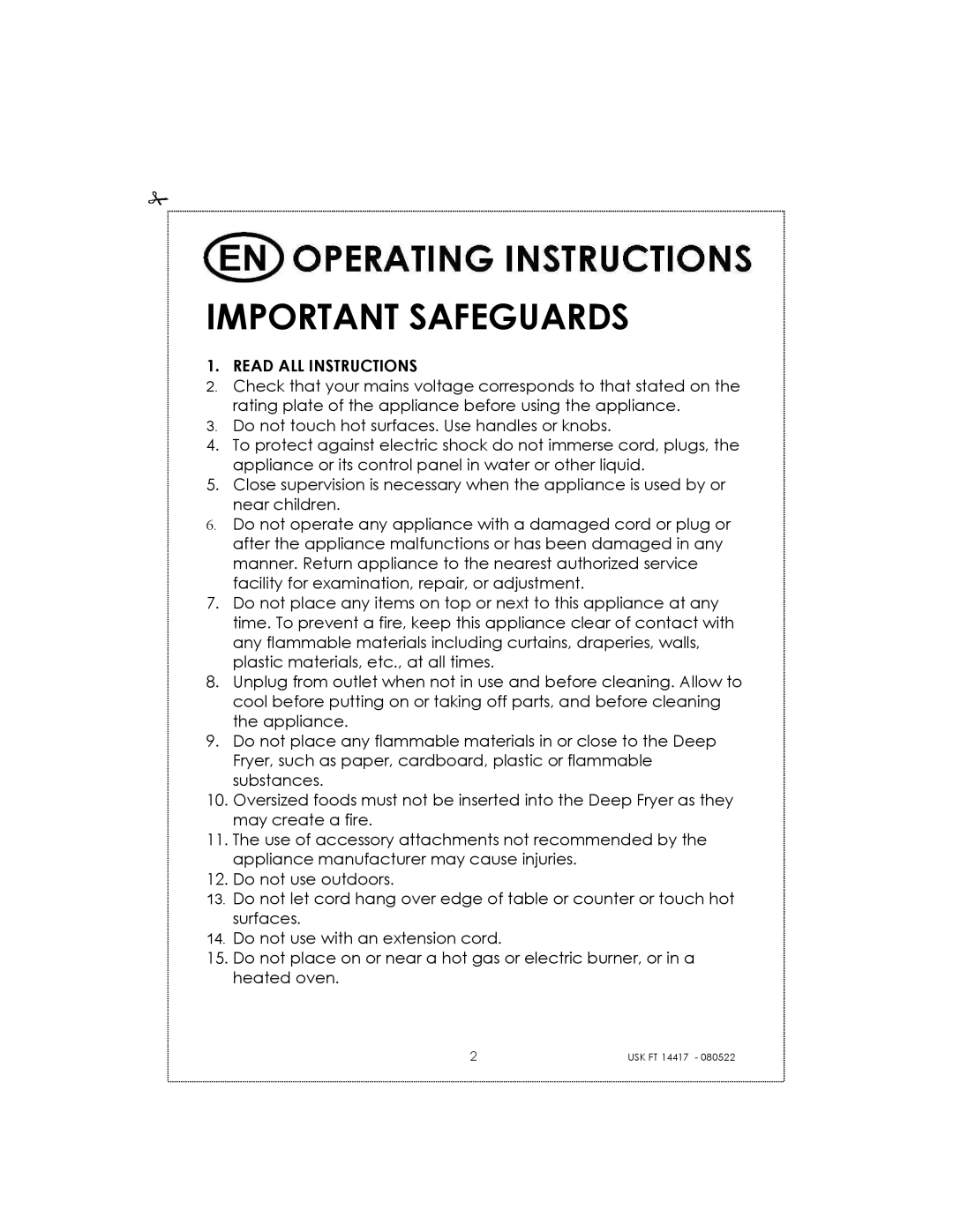 Kalorik USK FT 14417 manual Important Safeguards 