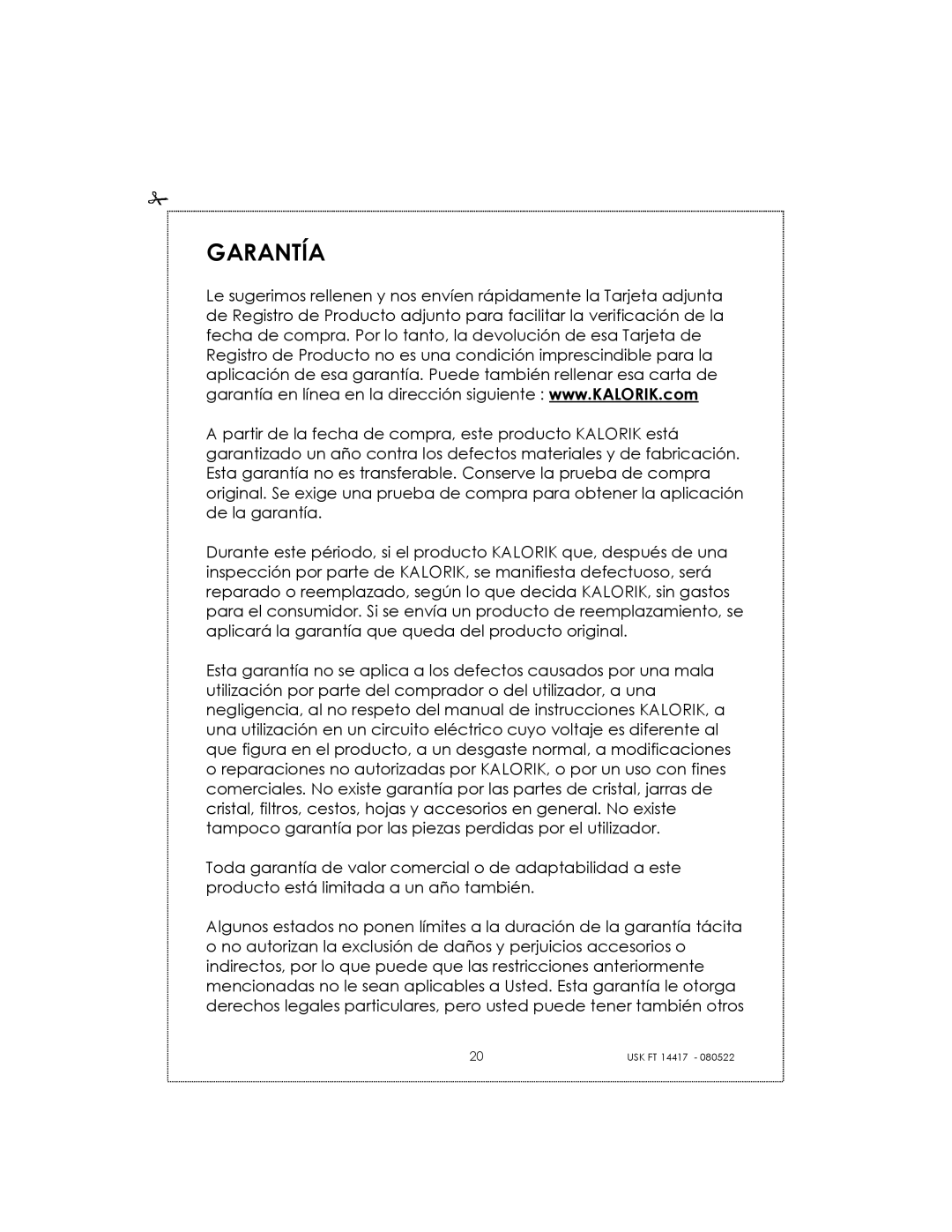 Kalorik USK FT 14417 manual Garantía 