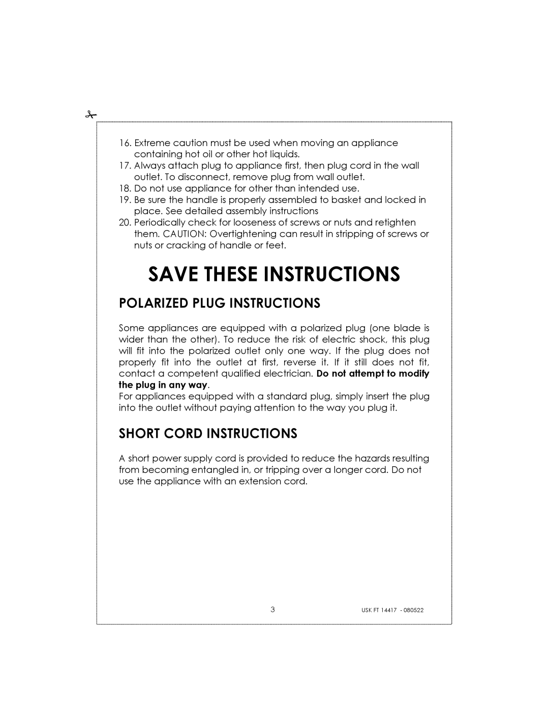 Kalorik USK FT 14417 manual Save These Instructions, Polarized Plug Instructions, Short Cord Instructions 