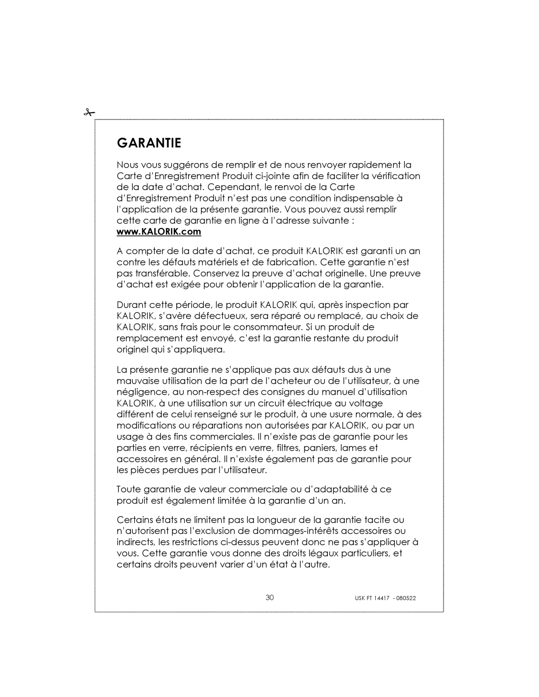 Kalorik USK FT 14417 manual Garantie 