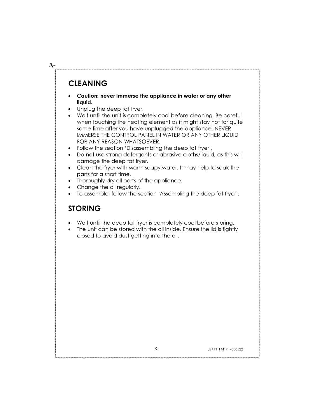 Kalorik USK FT 14417 manual Cleaning, Storing 