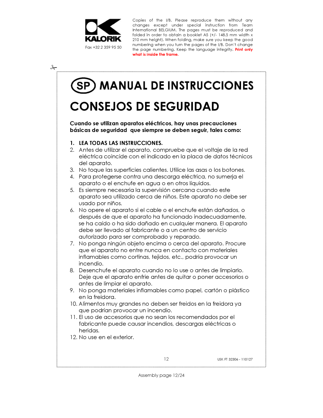 Kalorik USK FT 32306 manual Consejos DE Seguridad, LEA Todas LAS Instrucciones, Assembly page 12/24 