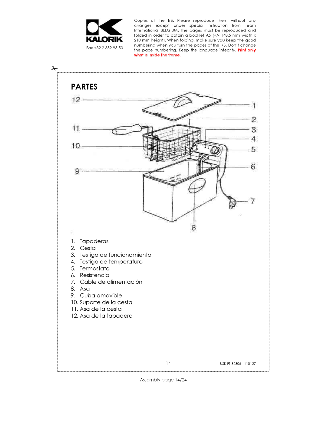 Kalorik USK FT 32306 manual Partes, Assembly page 14/24 