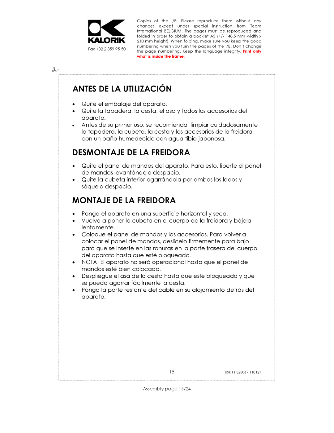 Kalorik USK FT 32306 manual Antes DE LA Utilización, Desmontaje DE LA Freidora, Montaje DE LA Freidora, Assembly page 15/24 