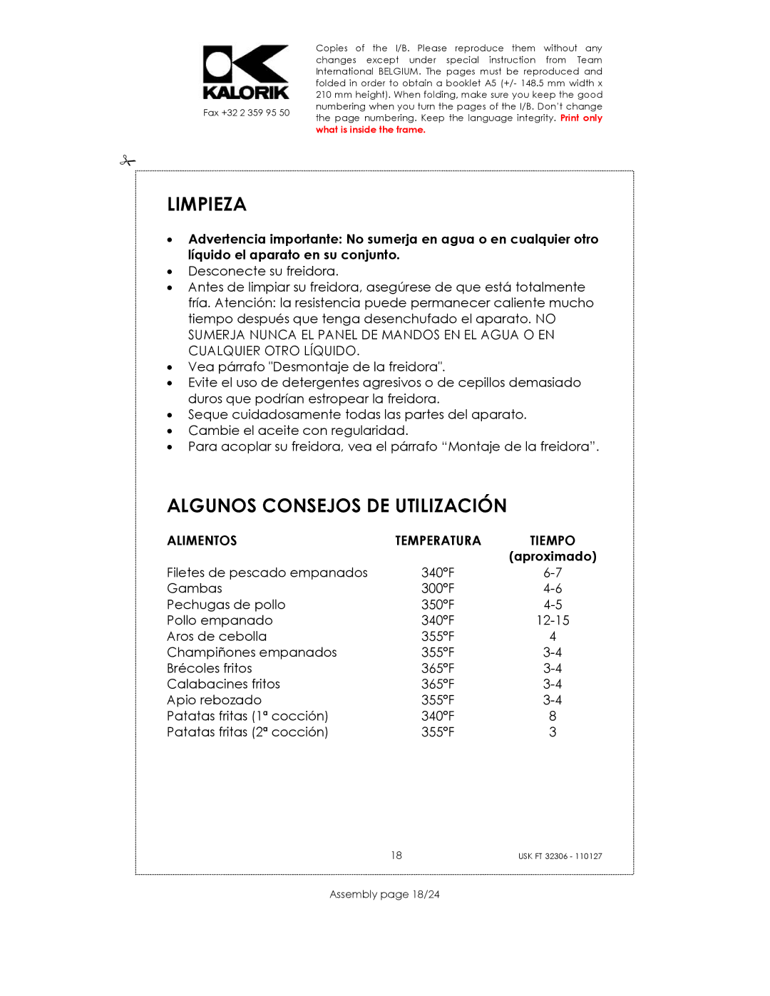 Kalorik USK FT 32306 manual Limpieza, Algunos Consejos DE Utilización, Alimentos, Assembly page 18/24 