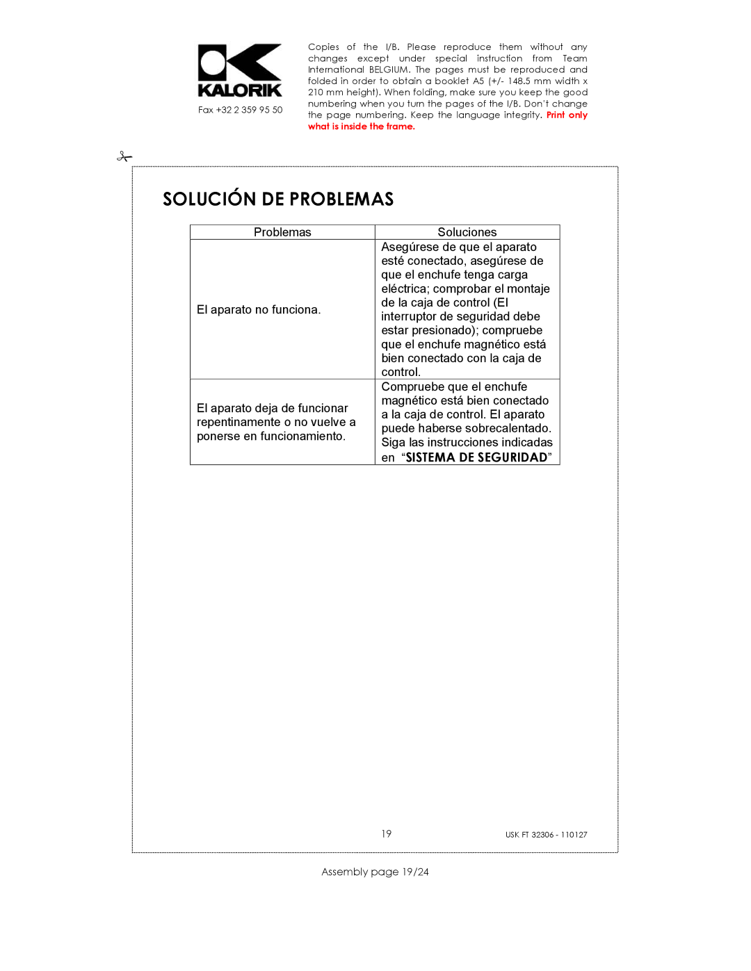 Kalorik USK FT 32306 manual Solución DE Problemas, Sistema DE Seguridad, Assembly page 19/24 