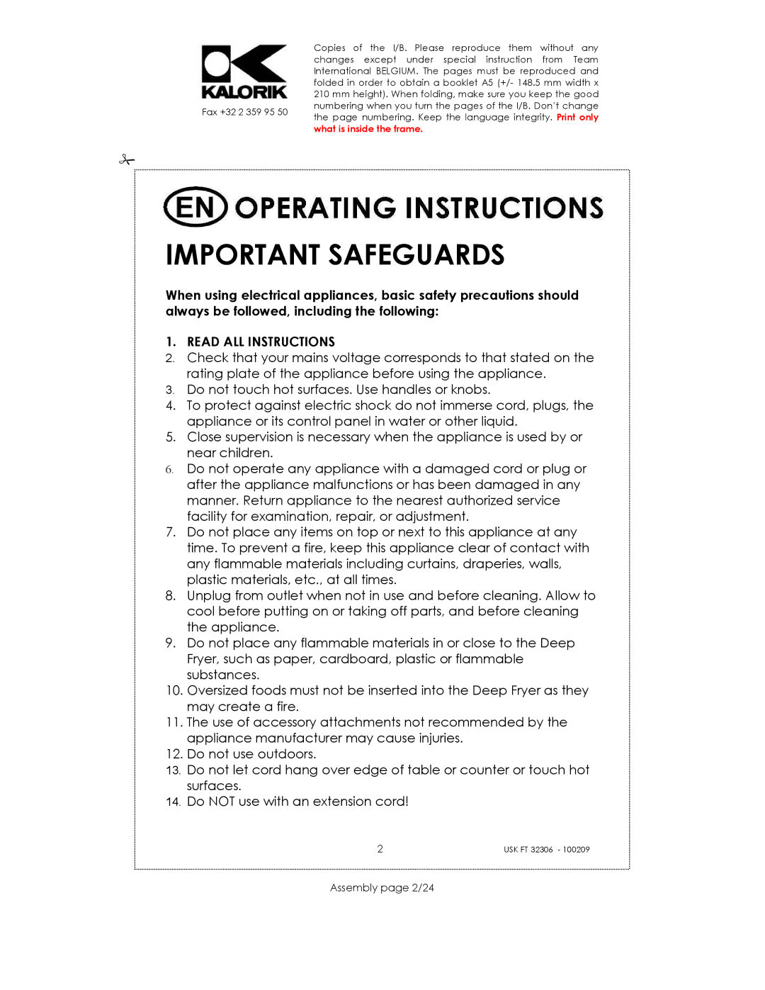 Kalorik USK FT 32306 manual Important Safeguards, Read ALL Instructions, Assembly page 2/24 