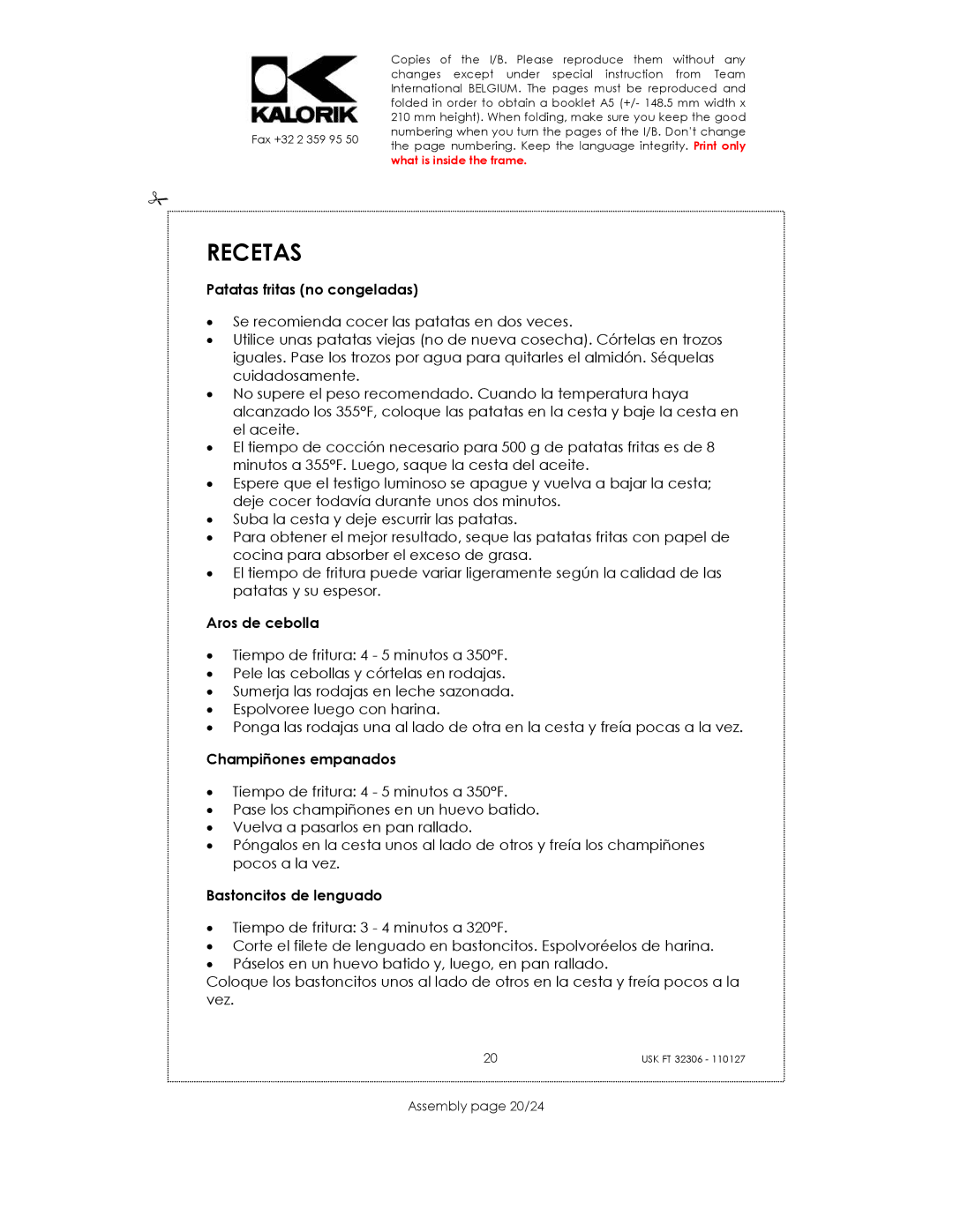 Kalorik USK FT 32306 manual Recetas, Assembly page 20/24 