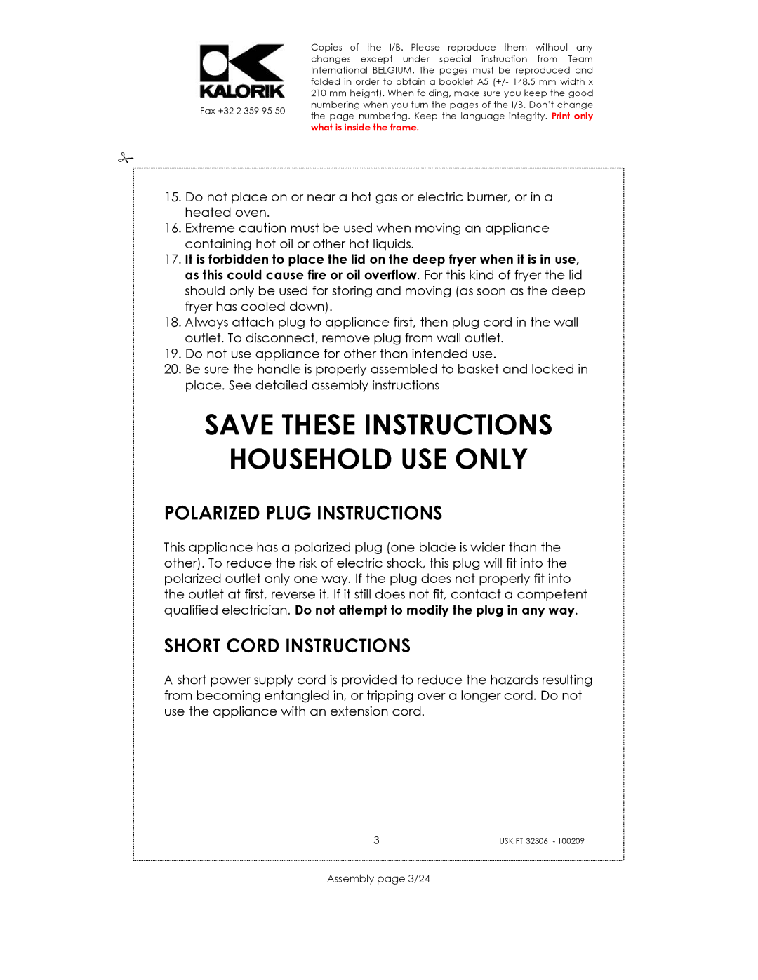 Kalorik USK FT 32306 manual Household USE only, Polarized Plug Instructions, Short Cord Instructions, Assembly page 3/24 