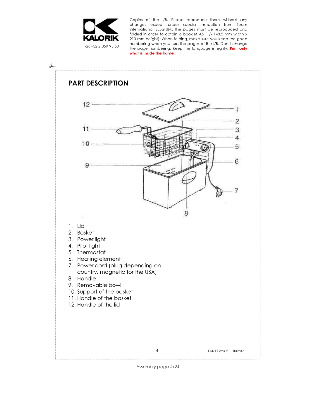 Kalorik USK FT 32306 manual Part Description, Assembly page 4/24 