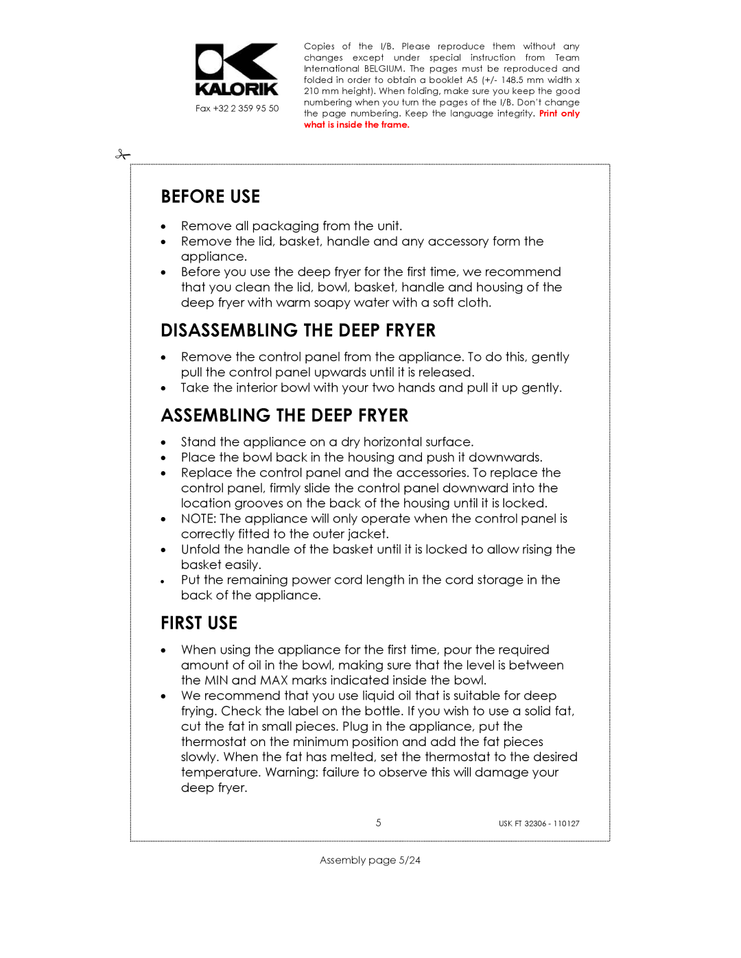 Kalorik USK FT 32306 Before USE, Disassembling the Deep Fryer, Assembling the Deep Fryer, First USE, Assembly page 5/24 