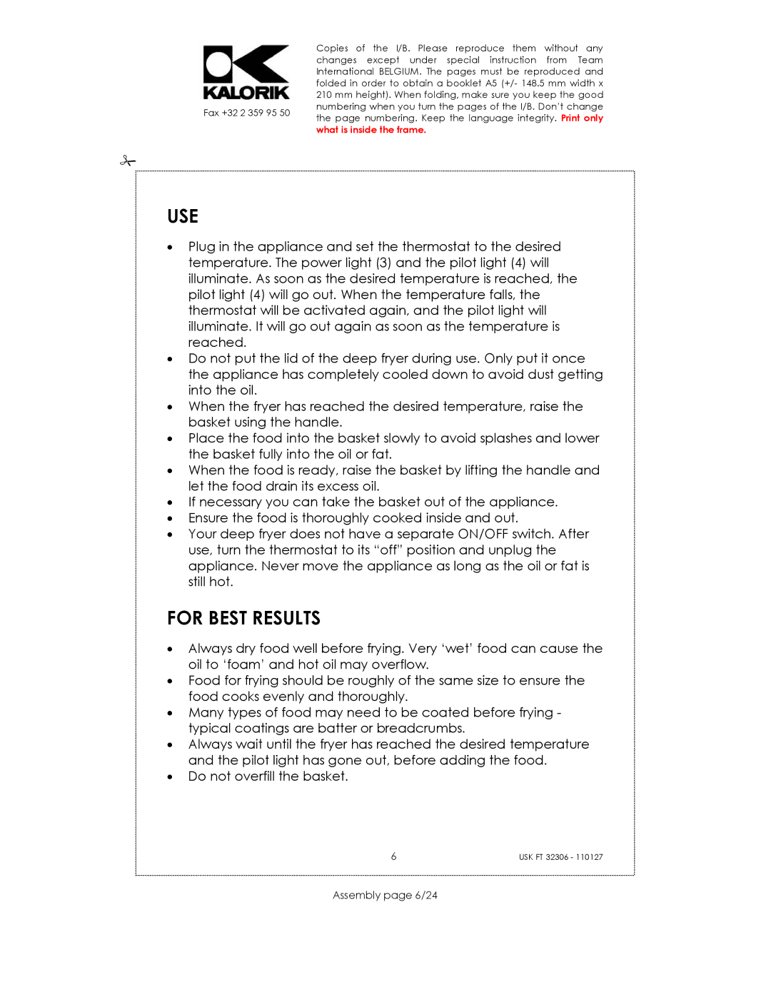 Kalorik USK FT 32306 manual Use, For Best Results, Assembly page 6/24 