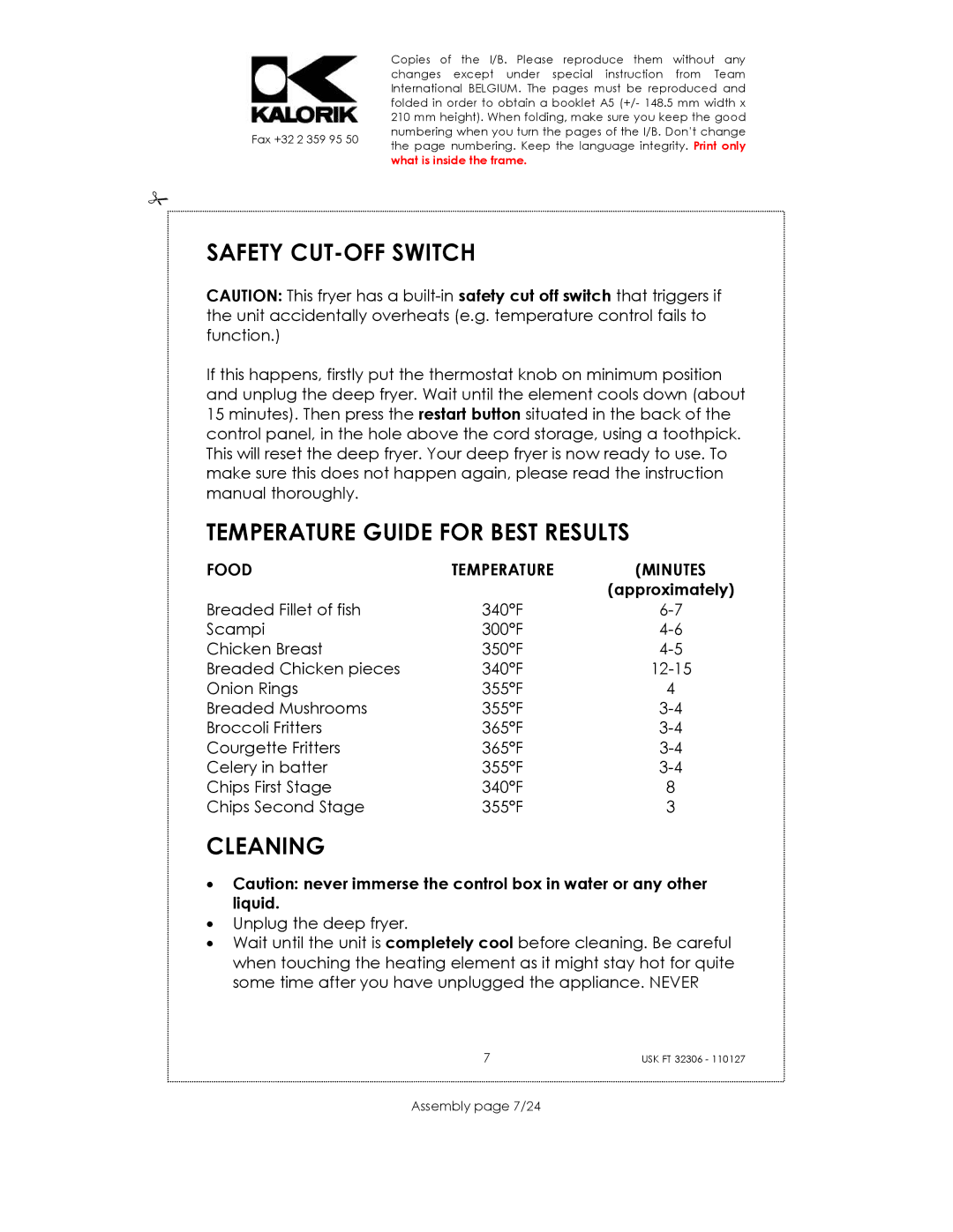 Kalorik USK FT 32306 Safety CUT-OFF Switch Temperature Guide for Best Results, Cleaning, Food, Minutes, Assembly page 7/24 