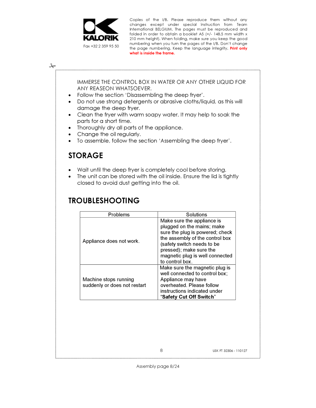 Kalorik USK FT 32306 manual Storage, Troubleshooting, Assembly page 8/24 