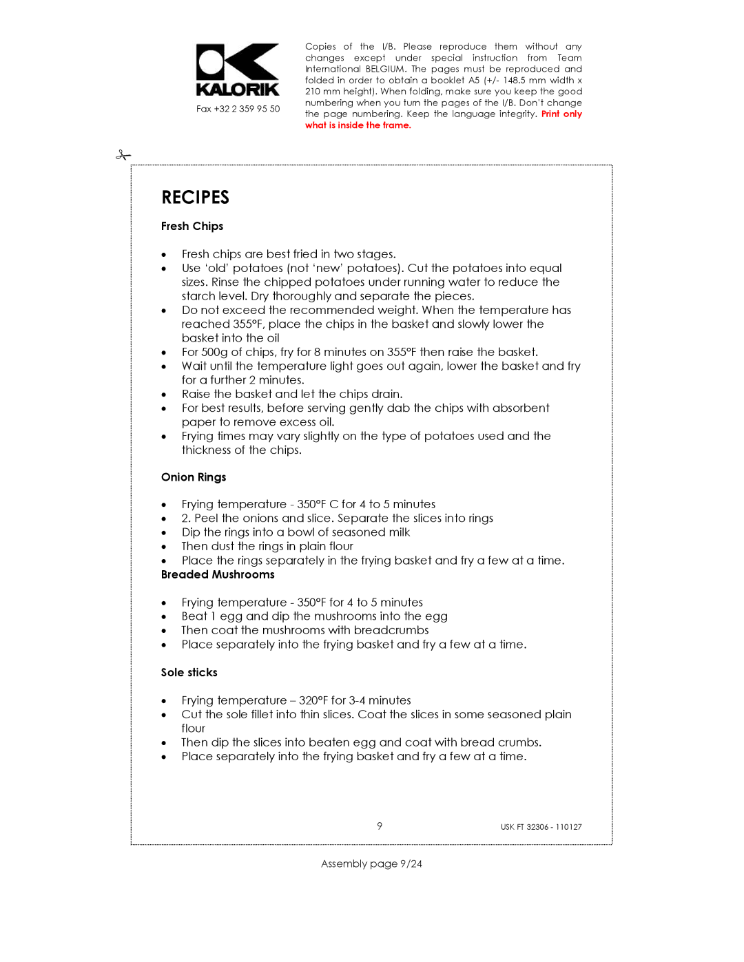 Kalorik USK FT 32306 manual Recipes, Assembly page 9/24 