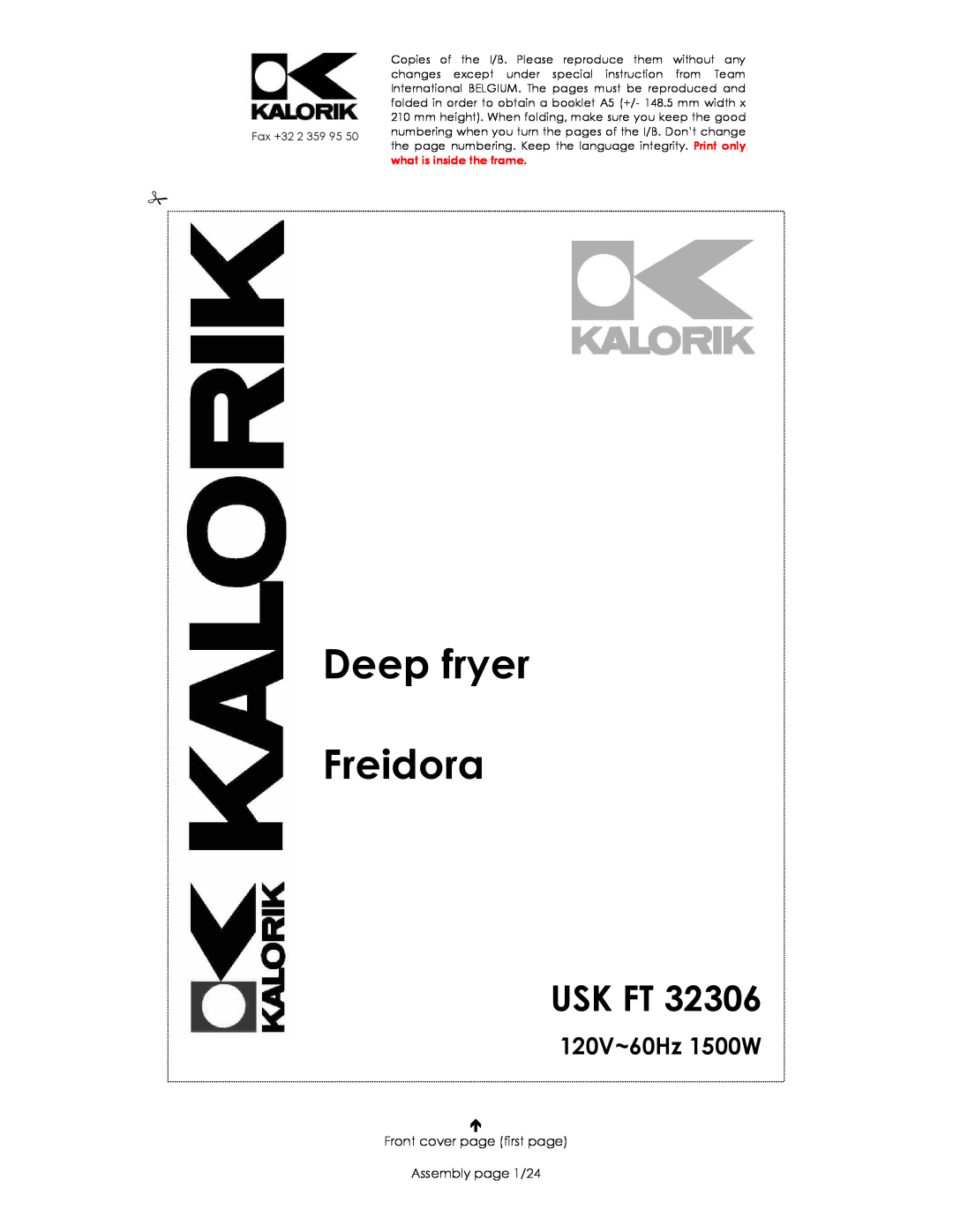 Kalorik USK FT 32306 manual Usk Ft, 120V~60Hz 1500W, Deep fryer Freidora, Front cover page first page Assembly page 1/24 