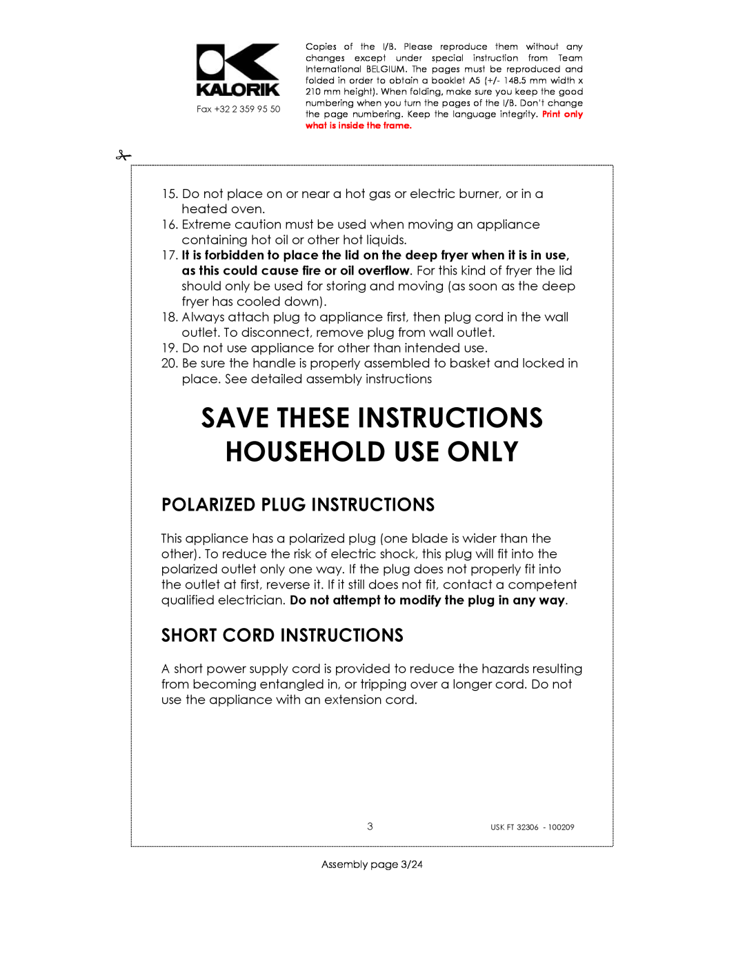 Kalorik USK FT 32306 Save These Instructions Household Use Only, Polarized Plug Instructions, Short Cord Instructions 