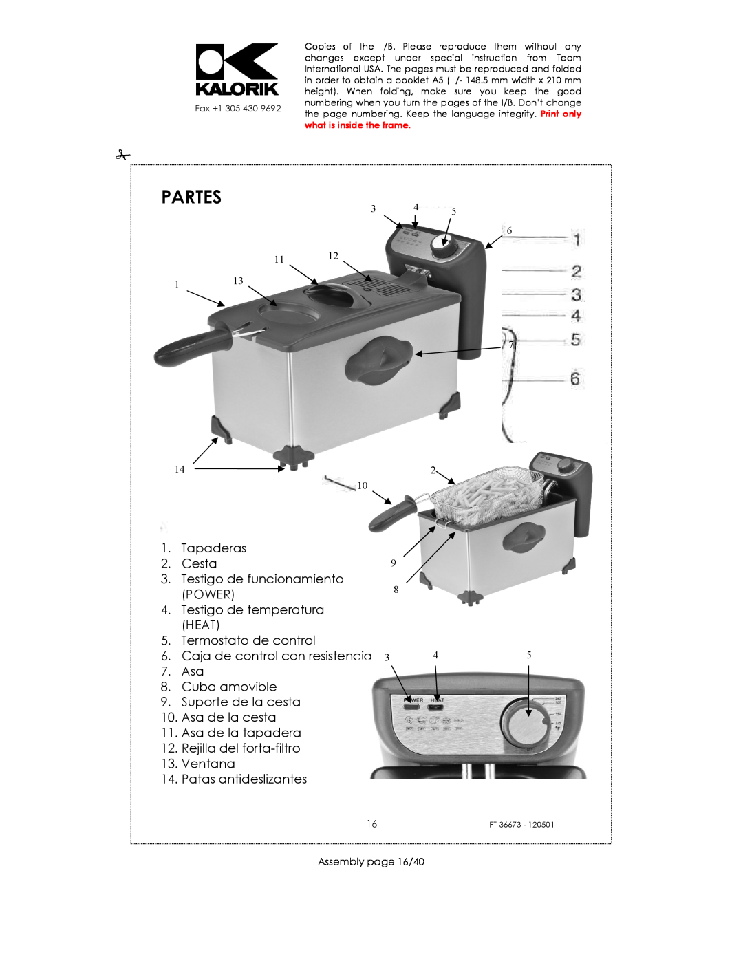 Kalorik USK FT 36673 manual Partes 