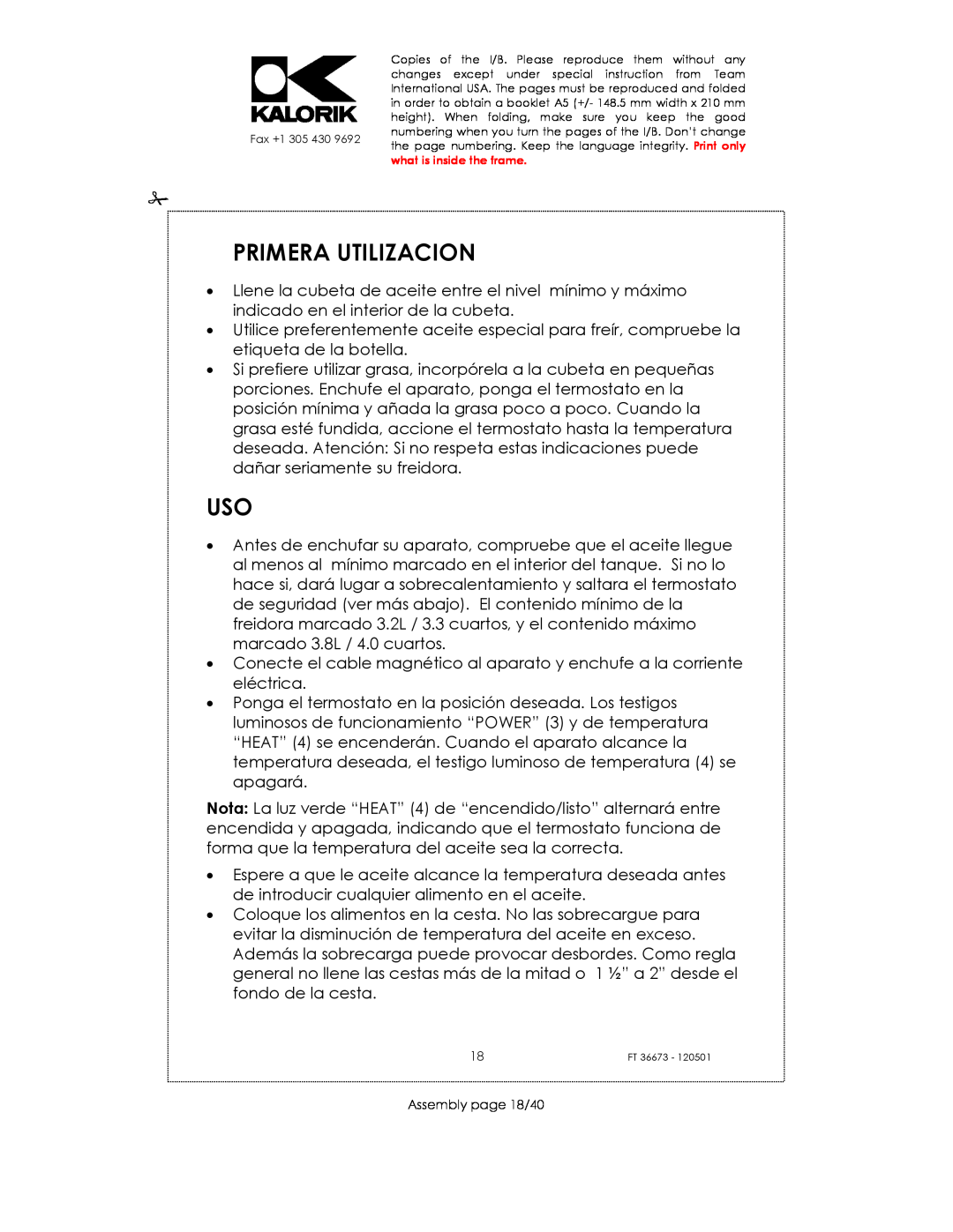 Kalorik USK FT 36673 manual Primera Utilizacion, Assembly page 18/40 