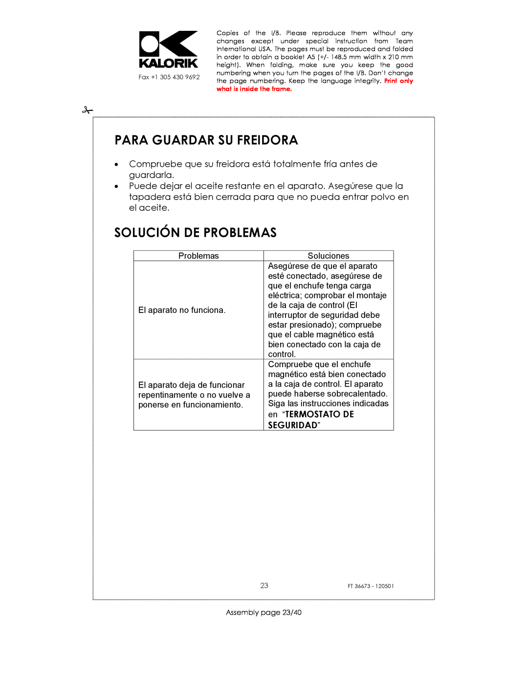 Kalorik USK FT 36673 manual Para Guardar Su Freidora, Solución De Problemas, en “TERMOSTATO DE, Seguridad” 