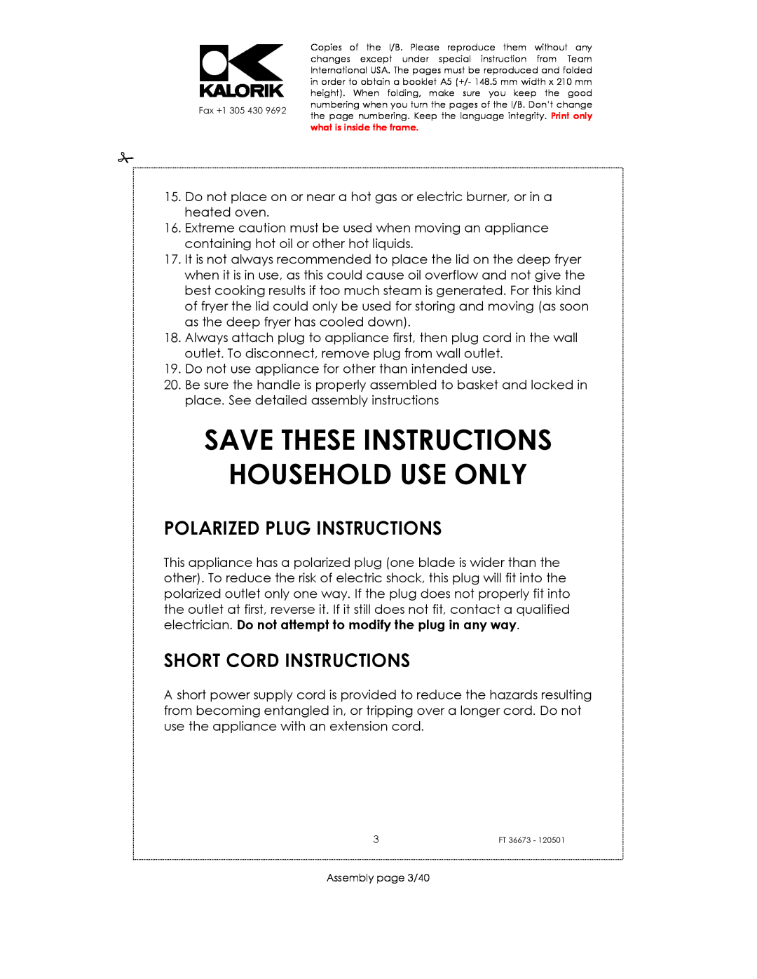 Kalorik USK FT 36673 Save These Instructions Household Use Only, Polarized Plug Instructions, Short Cord Instructions 