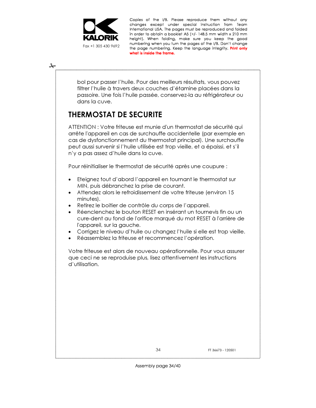Kalorik USK FT 36673 manual Thermostat De Securite, Assembly page 34/40 
