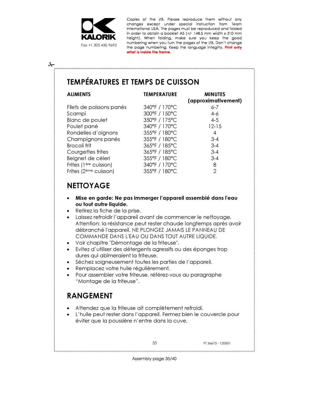 Kalorik USK FT 36673 manual Températures Et Temps De Cuisson, Nettoyage, Rangement, Aliments, Temperature 