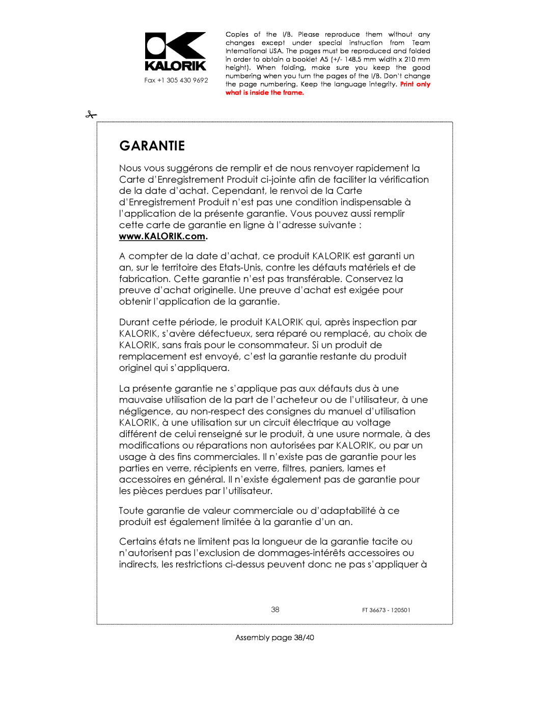 Kalorik USK FT 36673 manual Garantie, Assembly page 38/40 