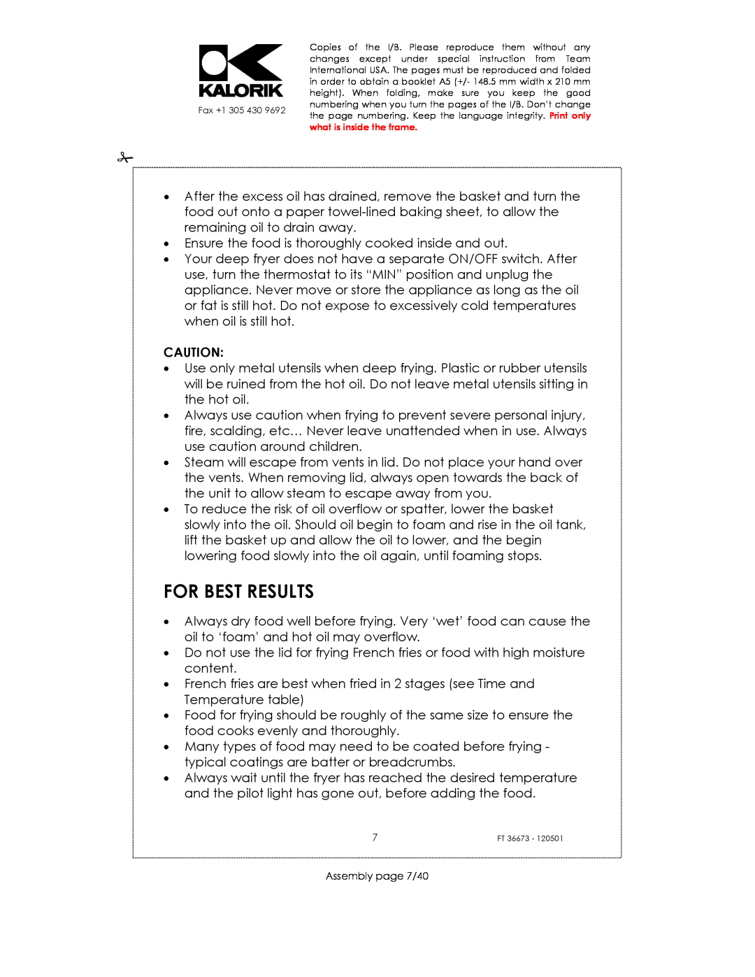 Kalorik USK FT 36673 manual For Best Results, Assembly page 7/40 