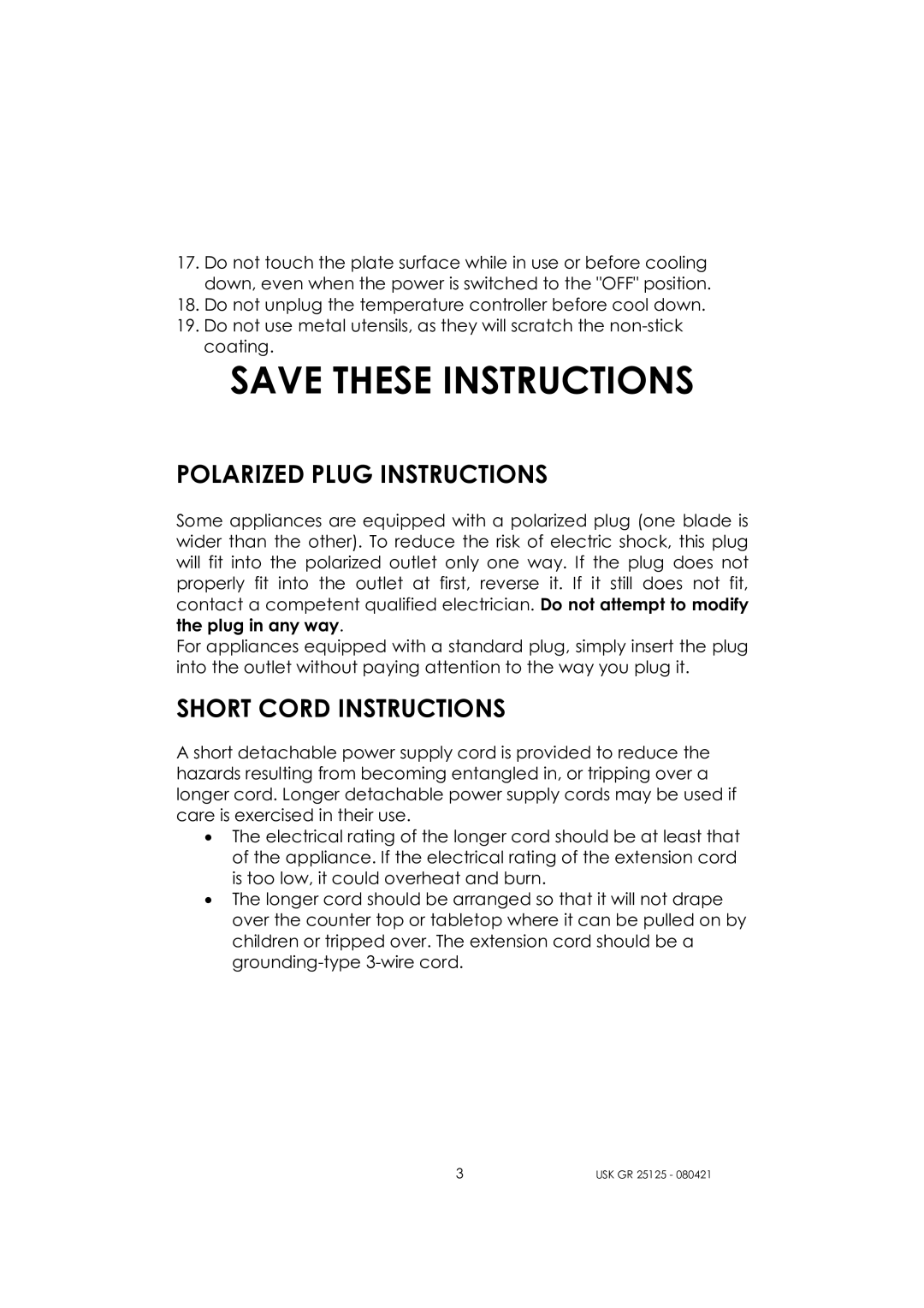 Kalorik USK GR 25125 manual Polarized Plug Instructions, Short Cord Instructions 