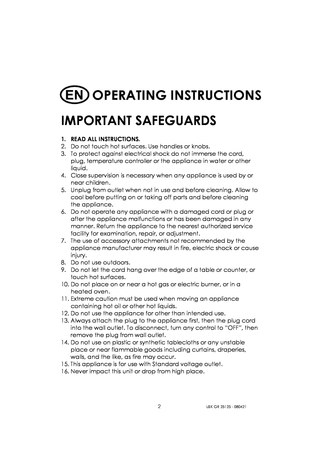 Kalorik USK GR 25125 manual Important Safeguards 