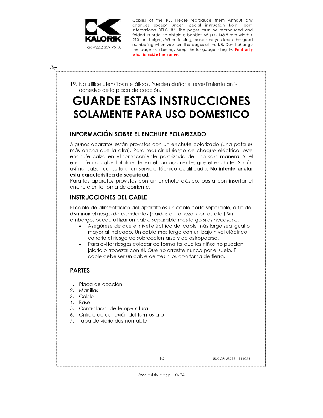 Kalorik USK GR 28215 Guarde Estas Instrucciones, Información Sobre EL Enchufe Polarizado, Instrucciones DEL Cable, Partes 