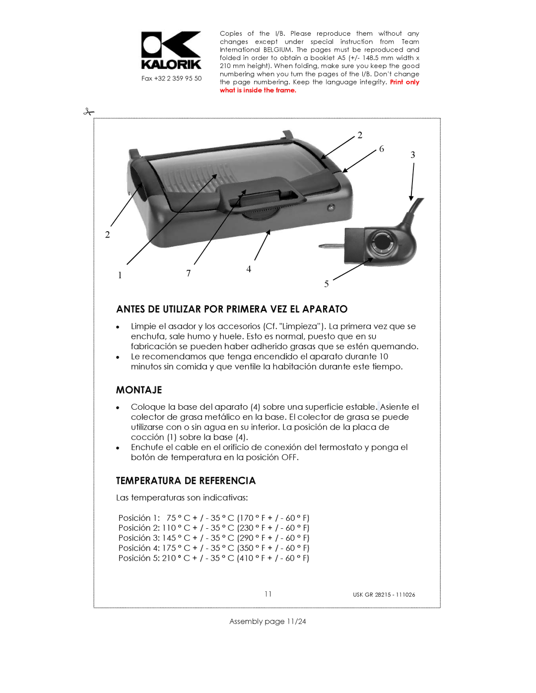 Kalorik USK GR 28215 Antes DE Utilizar POR Primera VEZ EL Aparato, Montaje, Temperatura DE Referencia, Assembly page 11/24 