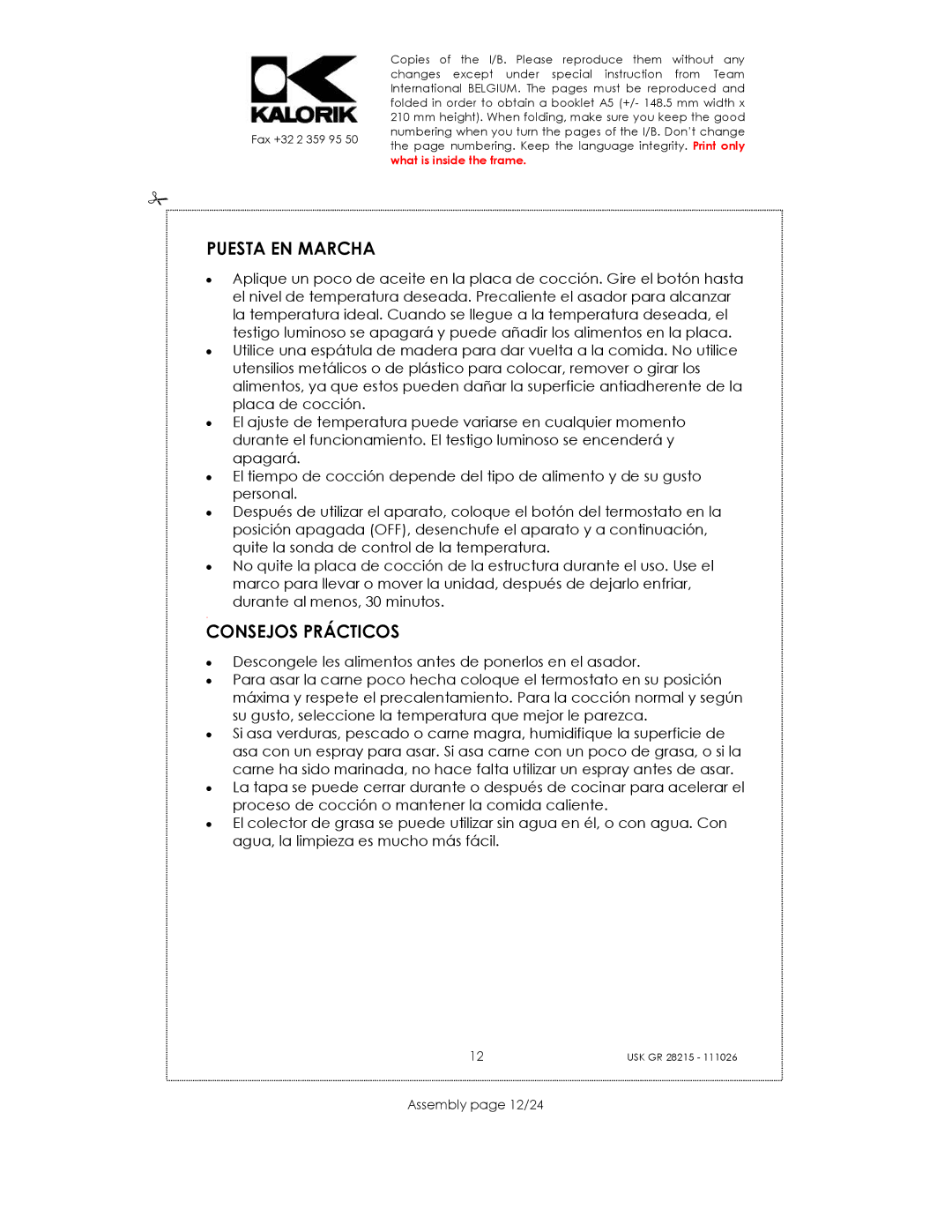 Kalorik USK GR 28215 manual Puesta EN Marcha, Consejos Prácticos, Assembly page 12/24 