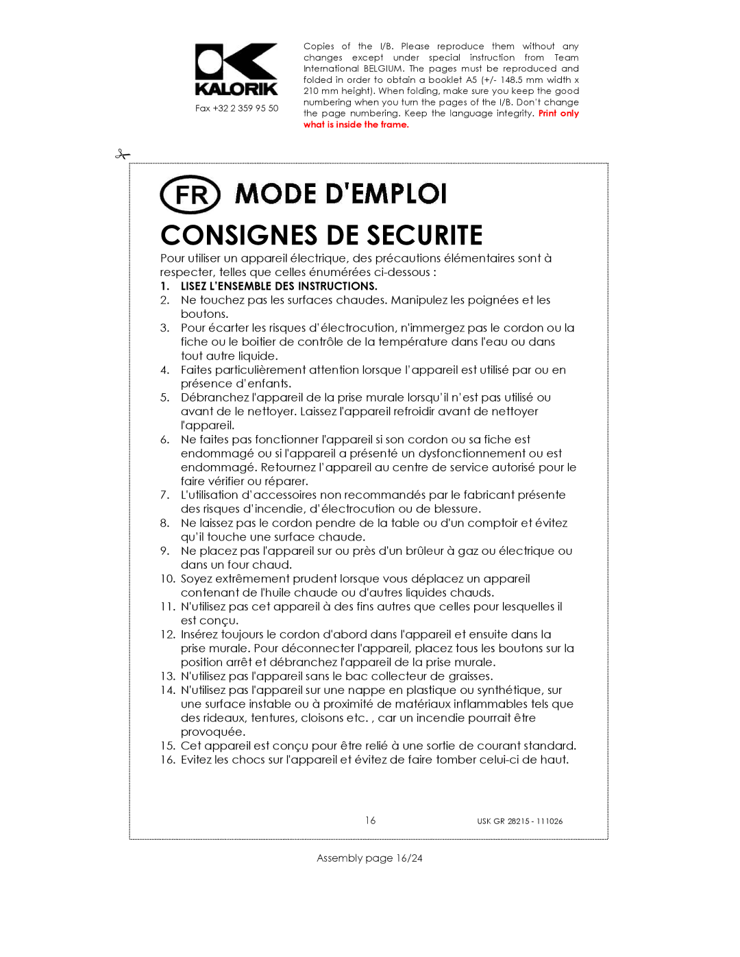 Kalorik USK GR 28215 manual Consignes DE Securite, Assembly page 16/24 