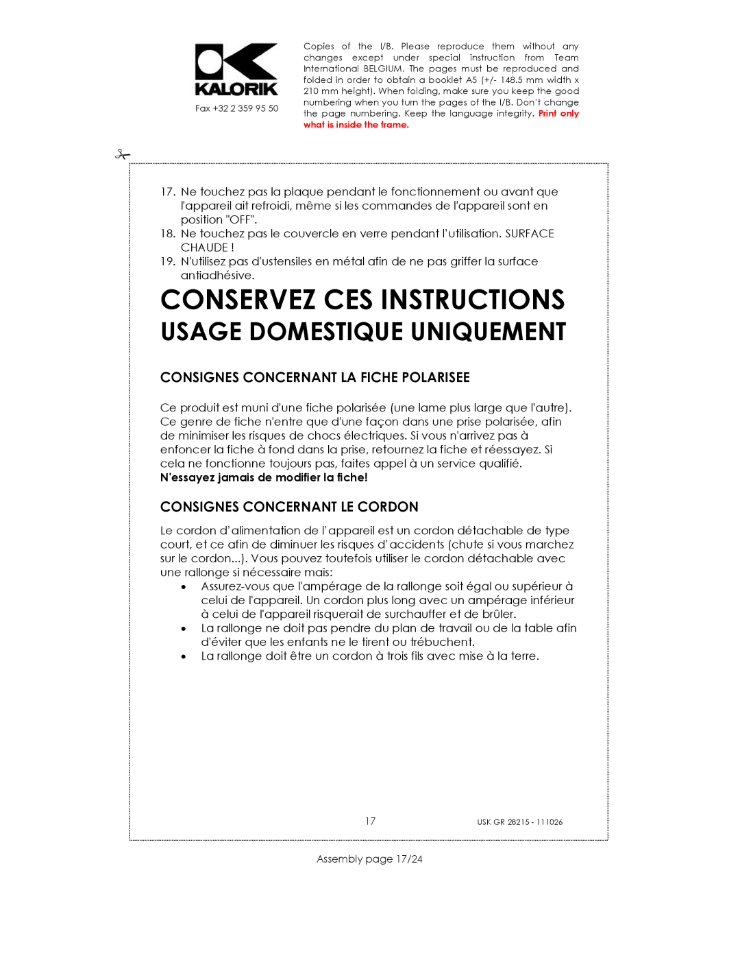 Kalorik USK GR 28215 Conservez CES Instructions, Consignes Concernant LA Fiche Polarisee, Consignes Concernant LE Cordon 