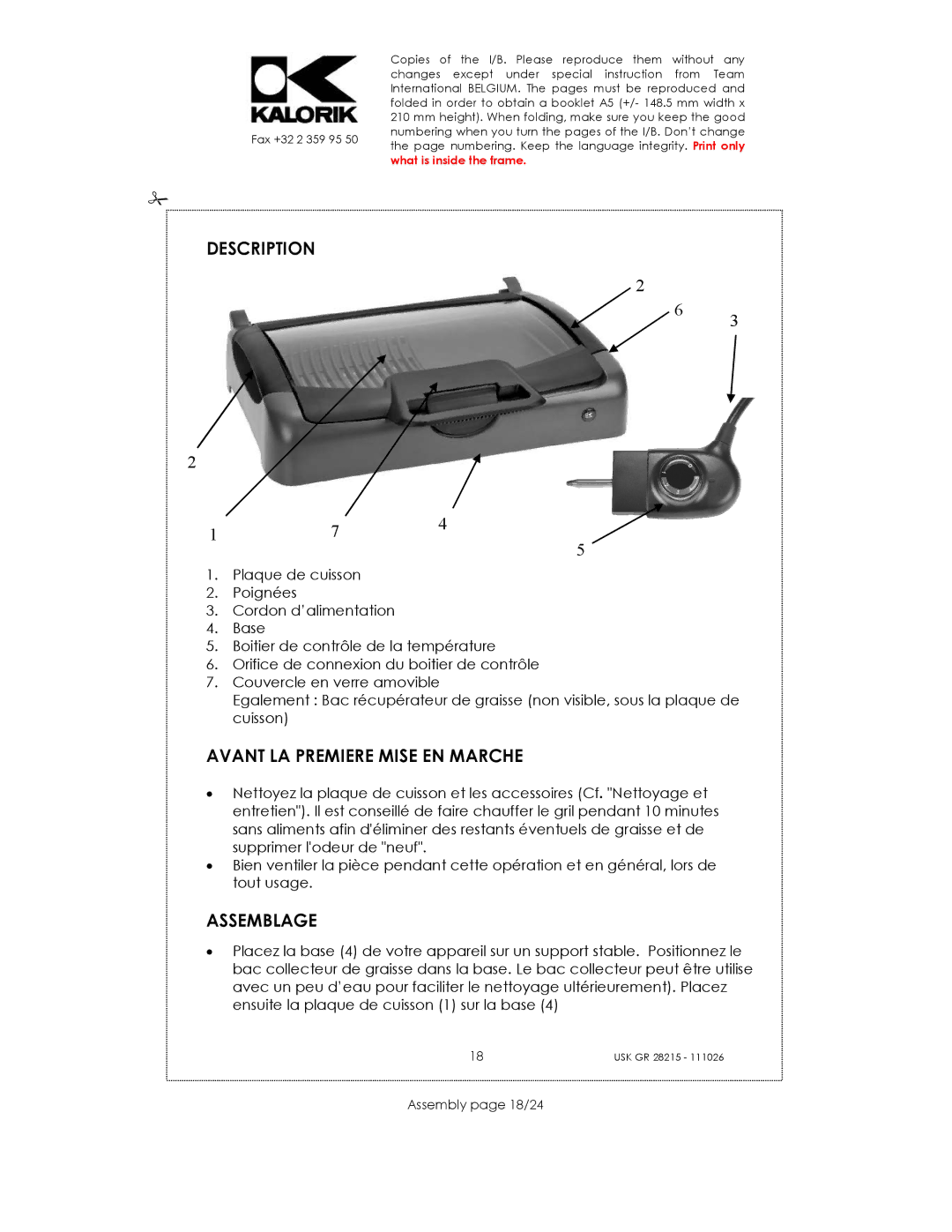 Kalorik USK GR 28215 manual Description, Avant LA Premiere Mise EN Marche, Assemblage, Assembly page 18/24 