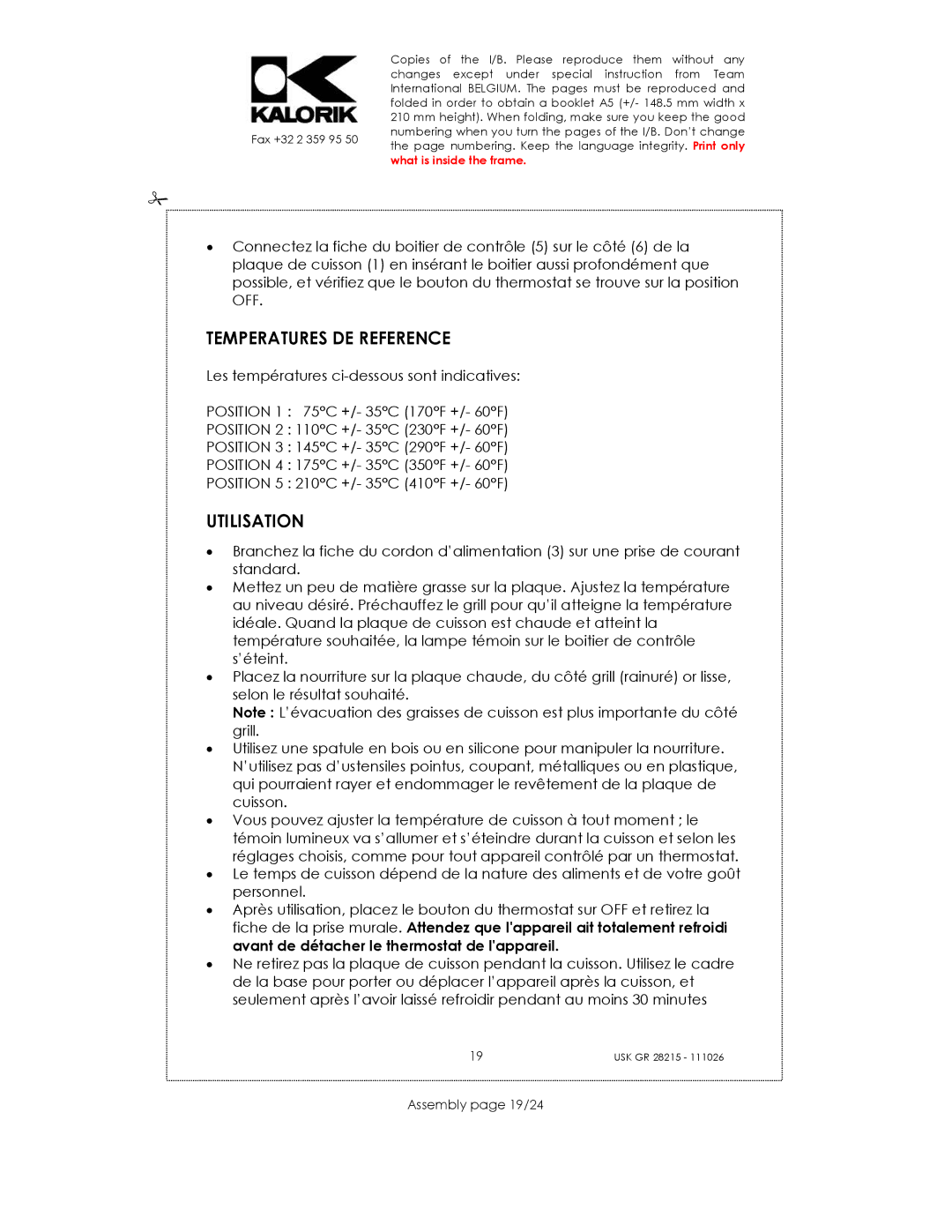 Kalorik USK GR 28215 manual Temperatures DE Reference, Utilisation, Assembly page 19/24 