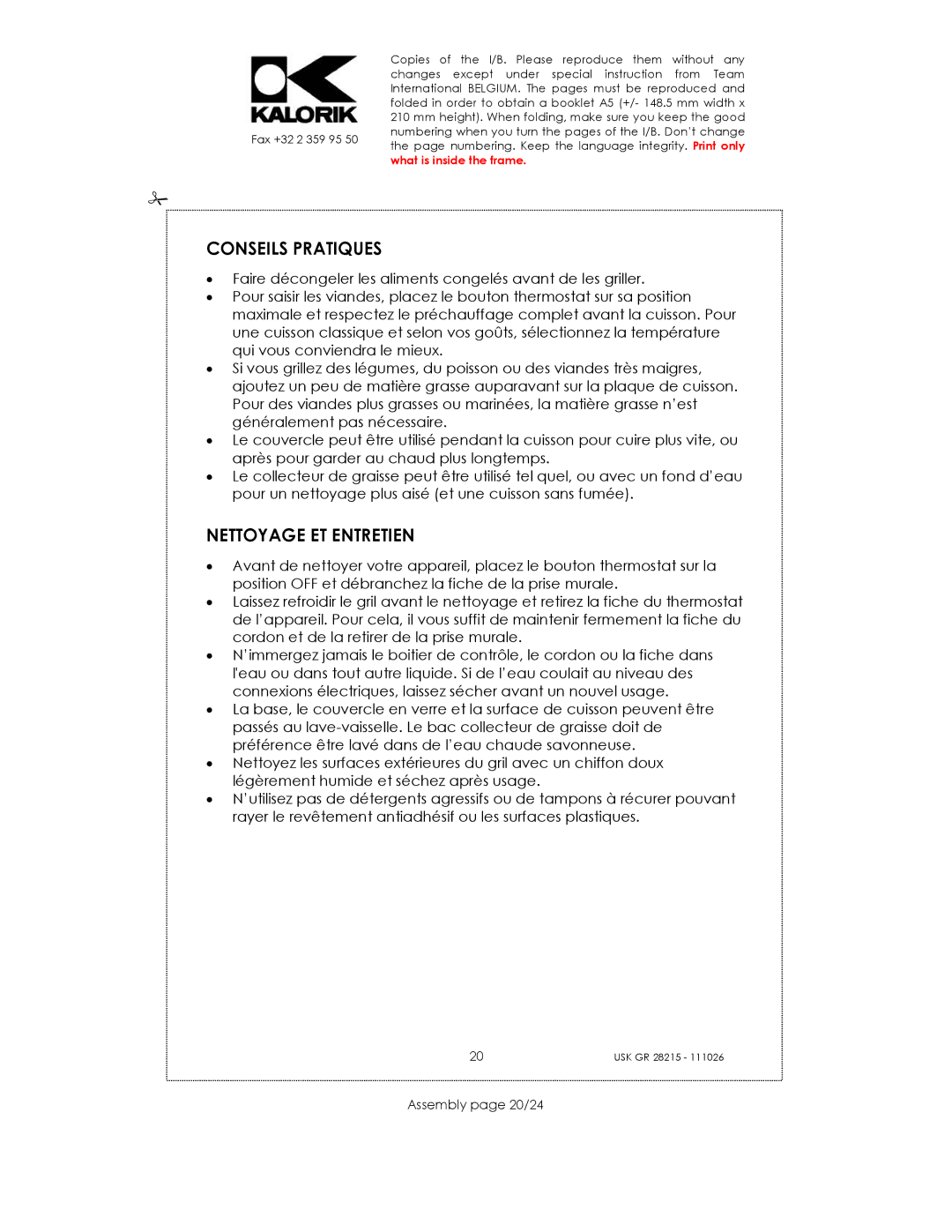 Kalorik USK GR 28215 manual Conseils Pratiques, Nettoyage ET Entretien, Assembly page 20/24 