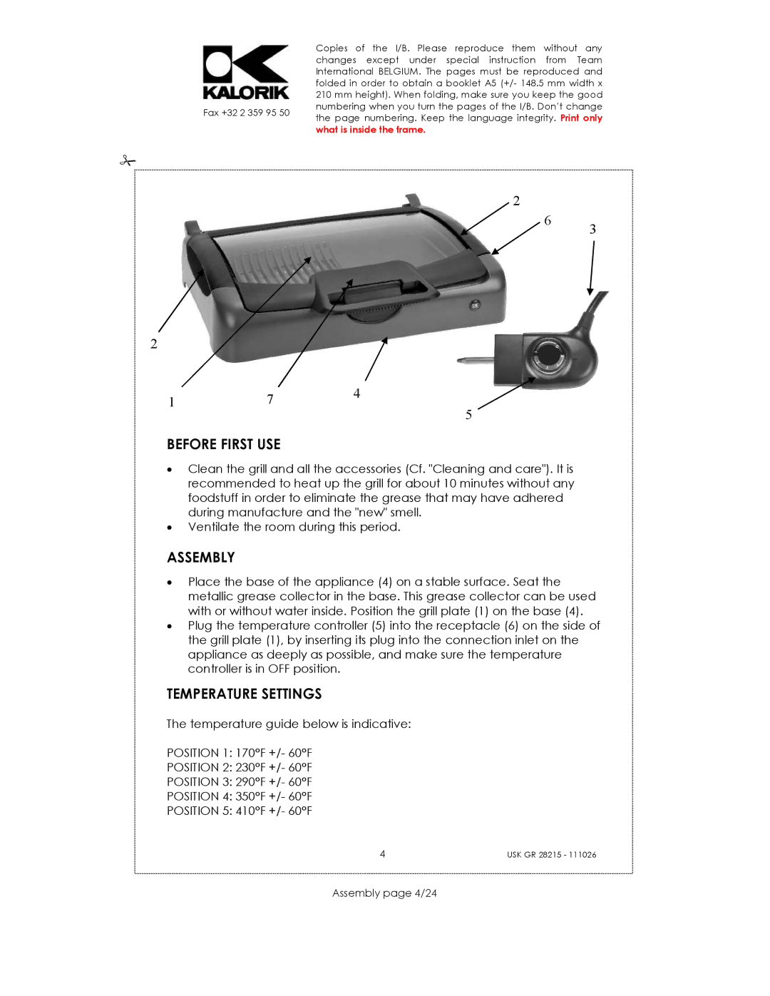 Kalorik USK GR 28215 manual Before First USE, Temperature Settings, Assembly page 4/24 