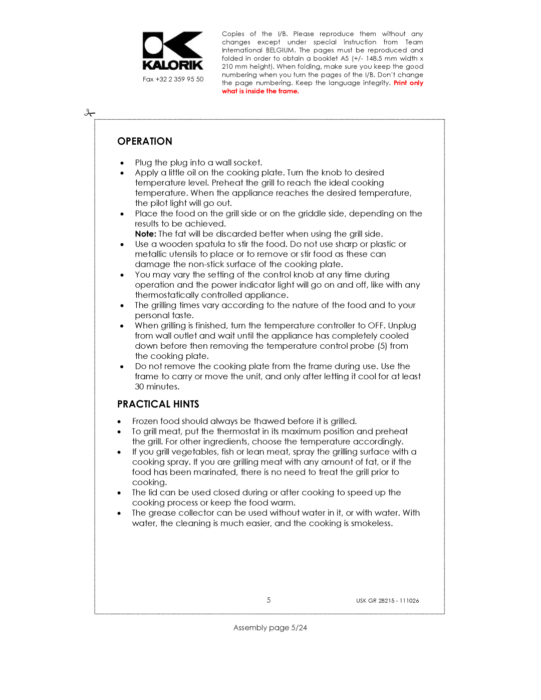 Kalorik USK GR 28215 manual Operation, Practical Hints, Assembly page 5/24 