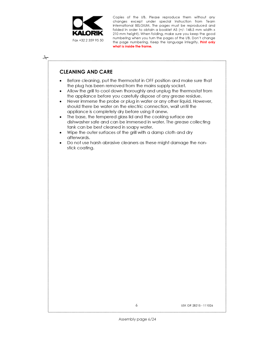 Kalorik USK GR 28215 manual Cleaning and Care, Assembly page 6/24 