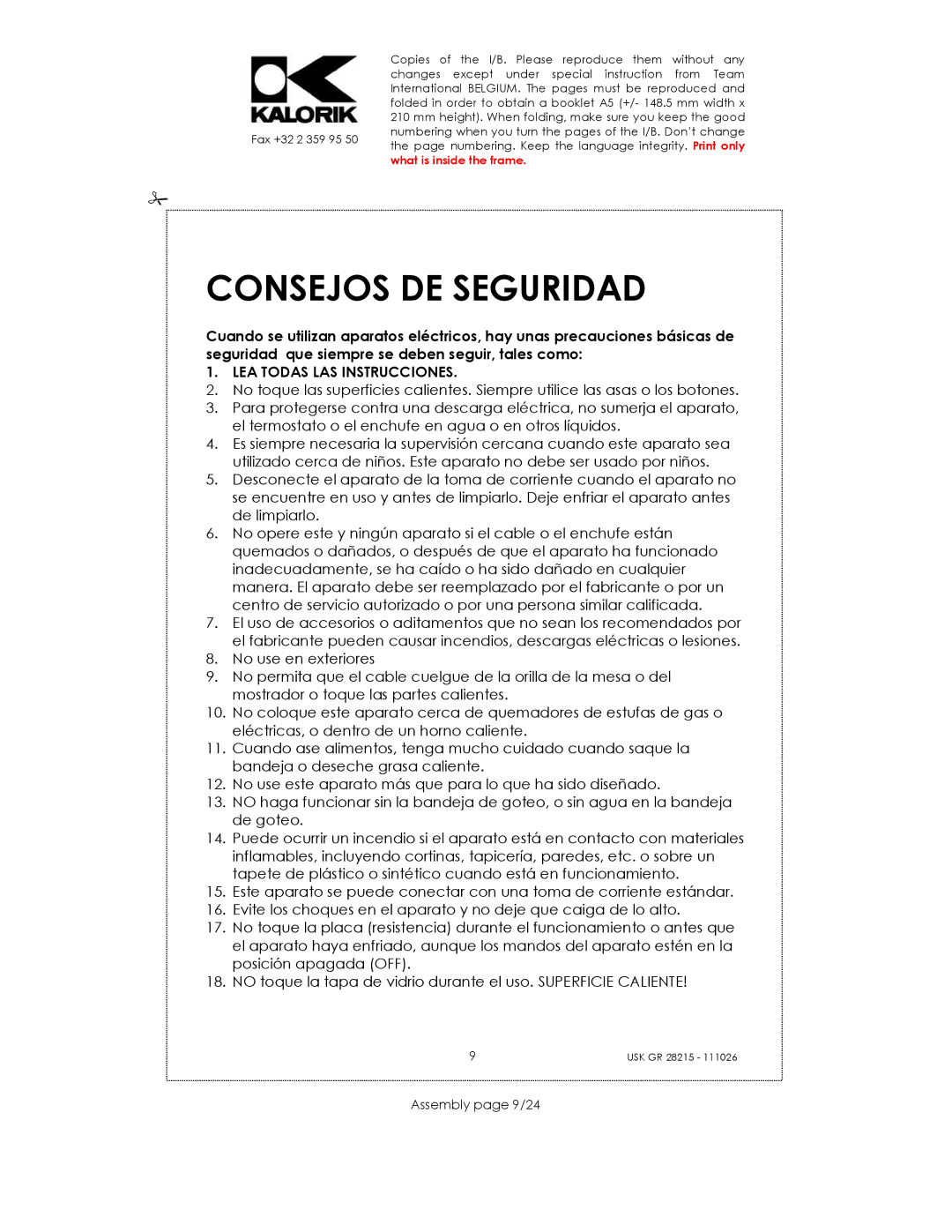 Kalorik USK GR 28215 manual Consejos DE Seguridad, Assembly page 9/24 