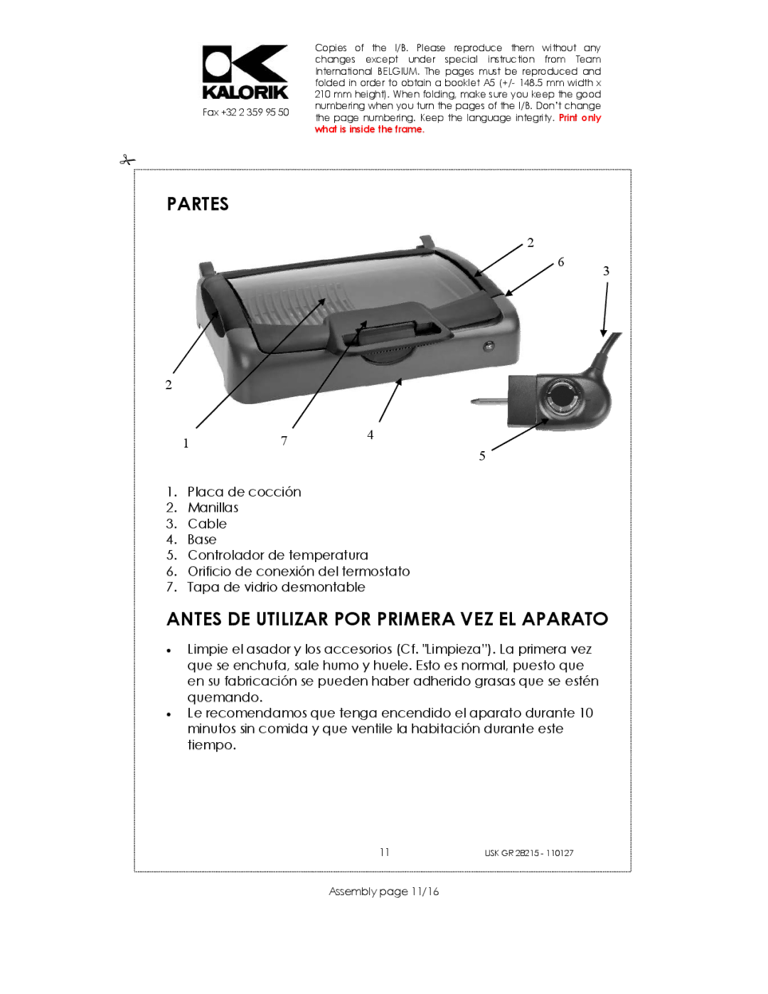 Kalorik USK GR 28215 manual Partes, Antes DE Utilizar POR Primera VEZ EL Aparato, Assembly page 11/16 