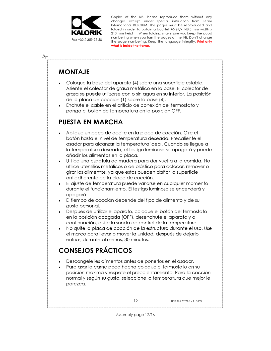 Kalorik USK GR 28215 manual Montaje, Puesta EN Marcha, Consejos Prácticos, Assembly page 12/16 