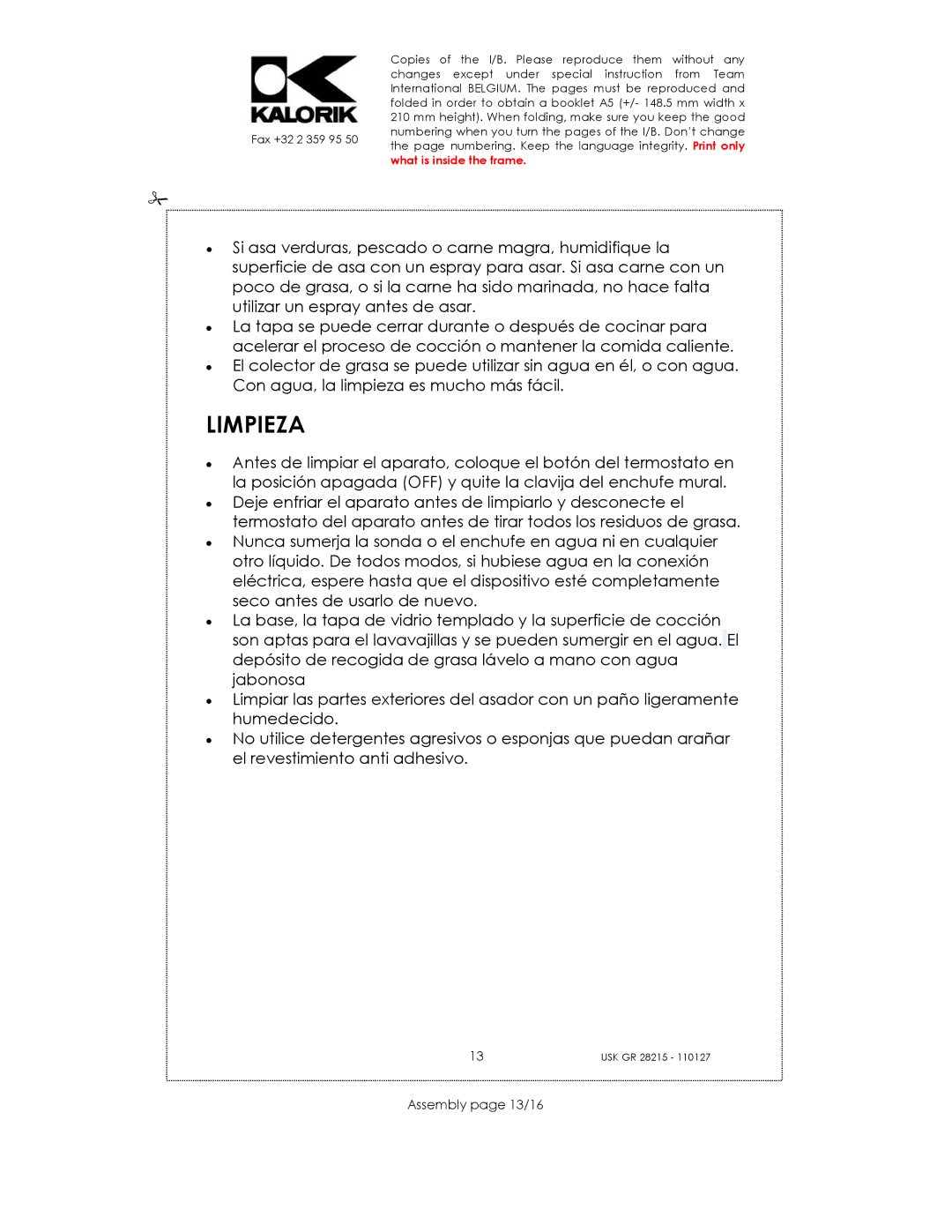 Kalorik USK GR 28215 manual Limpieza, Assembly page 13/16 