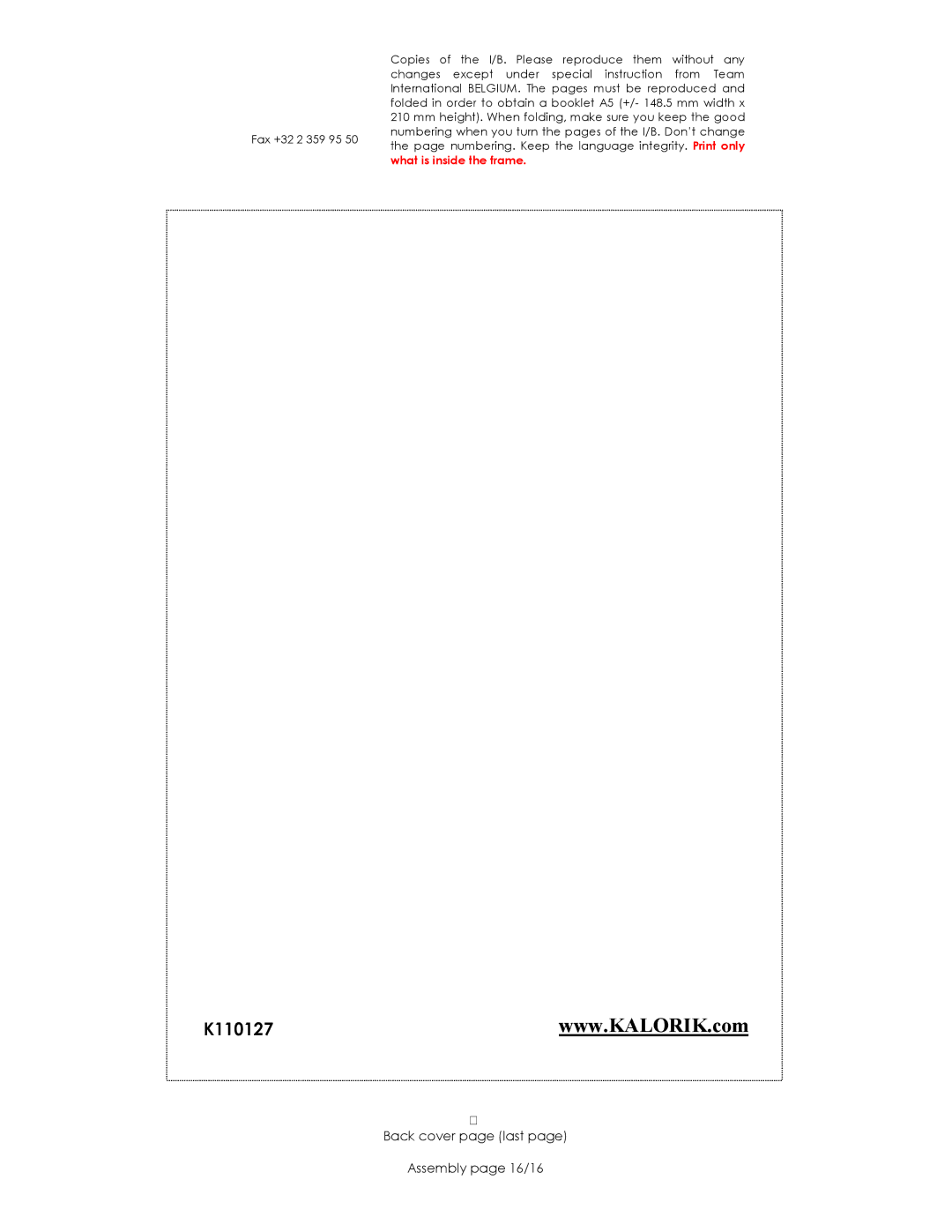 Kalorik USK GR 28215 manual Back cover page last Assembly page 16/16 