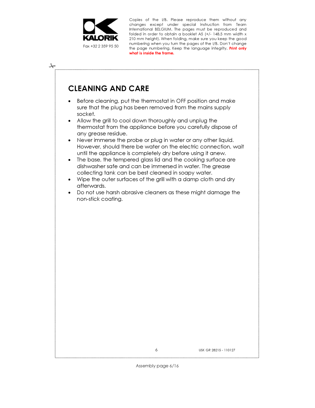 Kalorik USK GR 28215 manual Cleaning and Care, Assembly page 6/16 