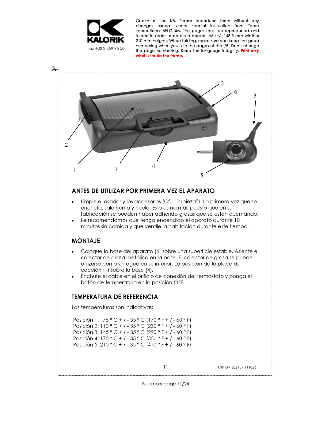 Kalorik USK GR 28215 manual Antes De Utilizar Por Primera Vez El Aparato, Montaje, Temperatura De Referencia 