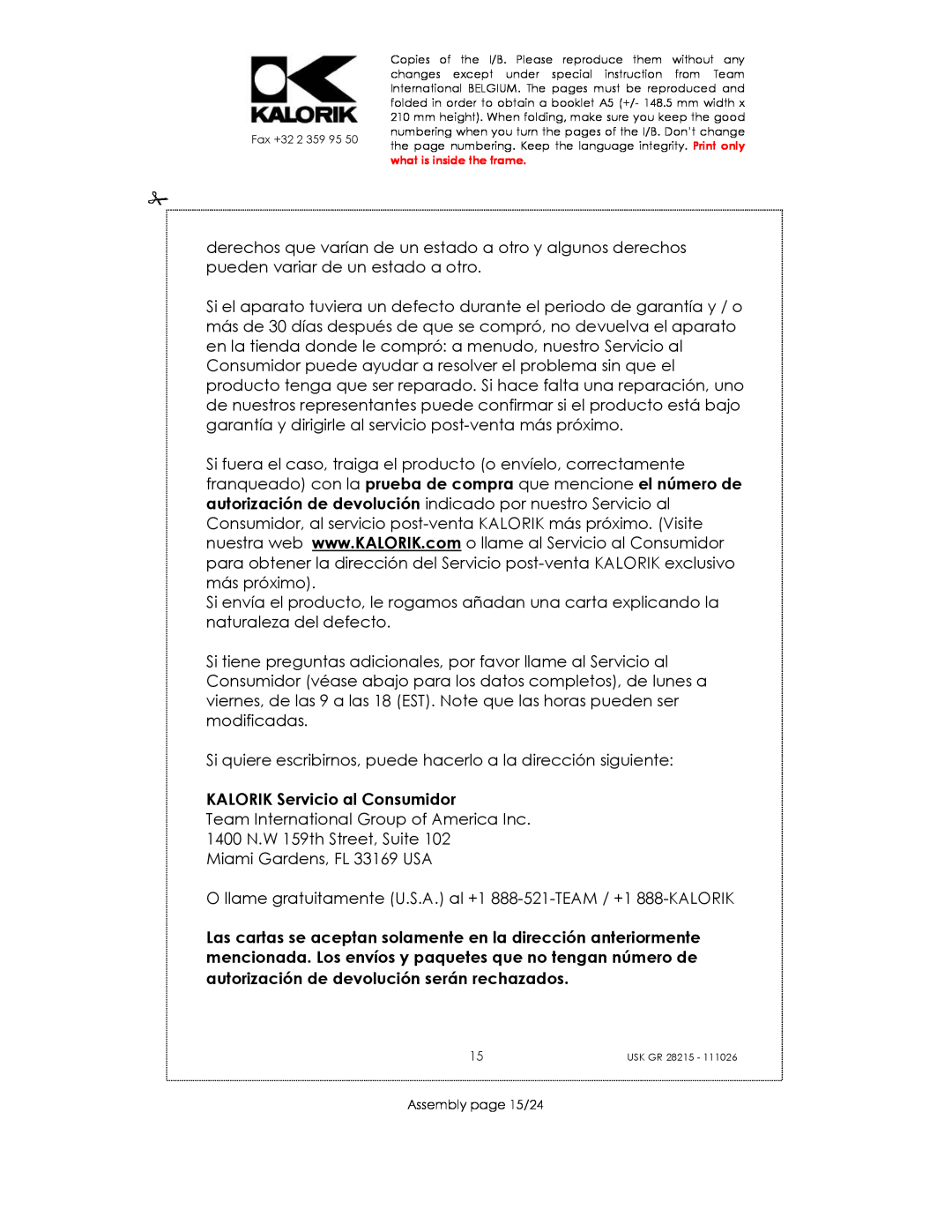 Kalorik USK GR 28215 manual KALORIK Servicio al Consumidor, Assembly page 15/24 